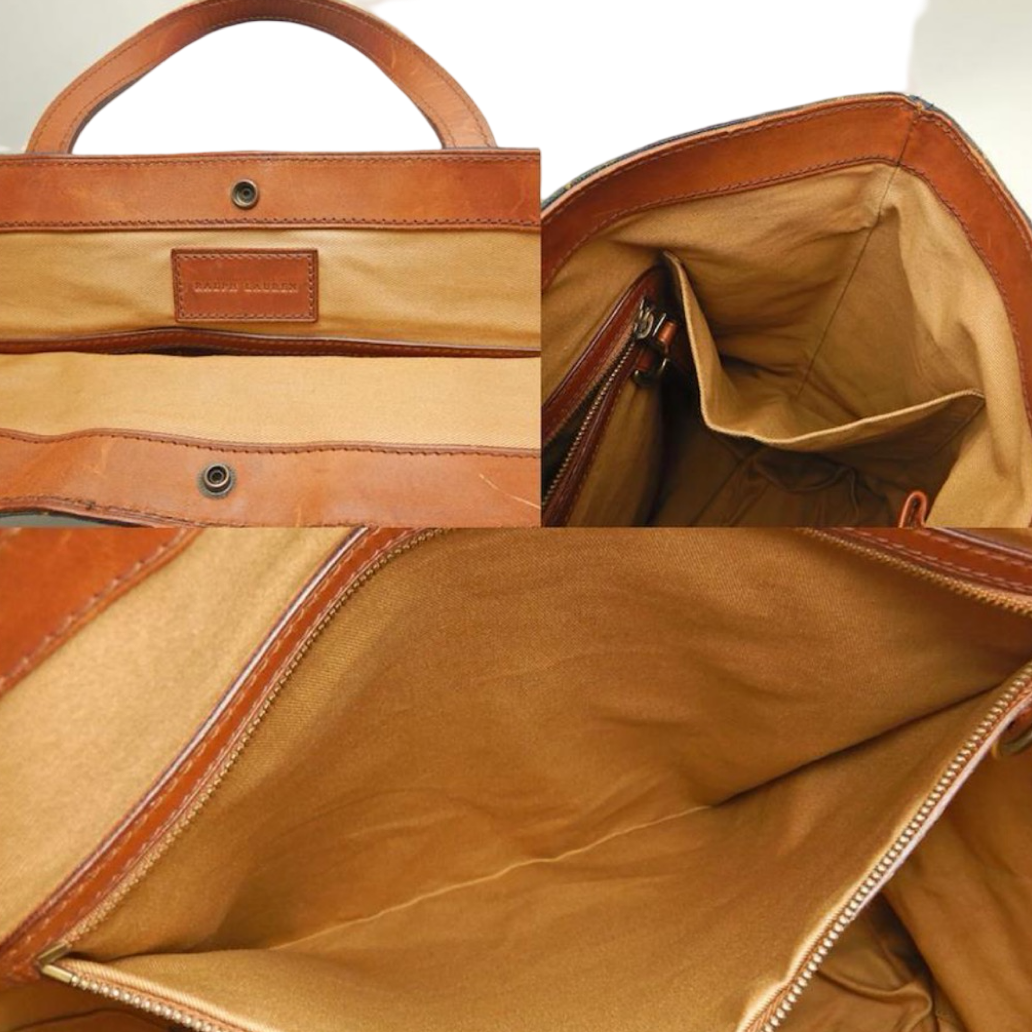 Polo Ralph Lauren Green Check Canvas & Leather Weekender Tote Previously Owned Authentic