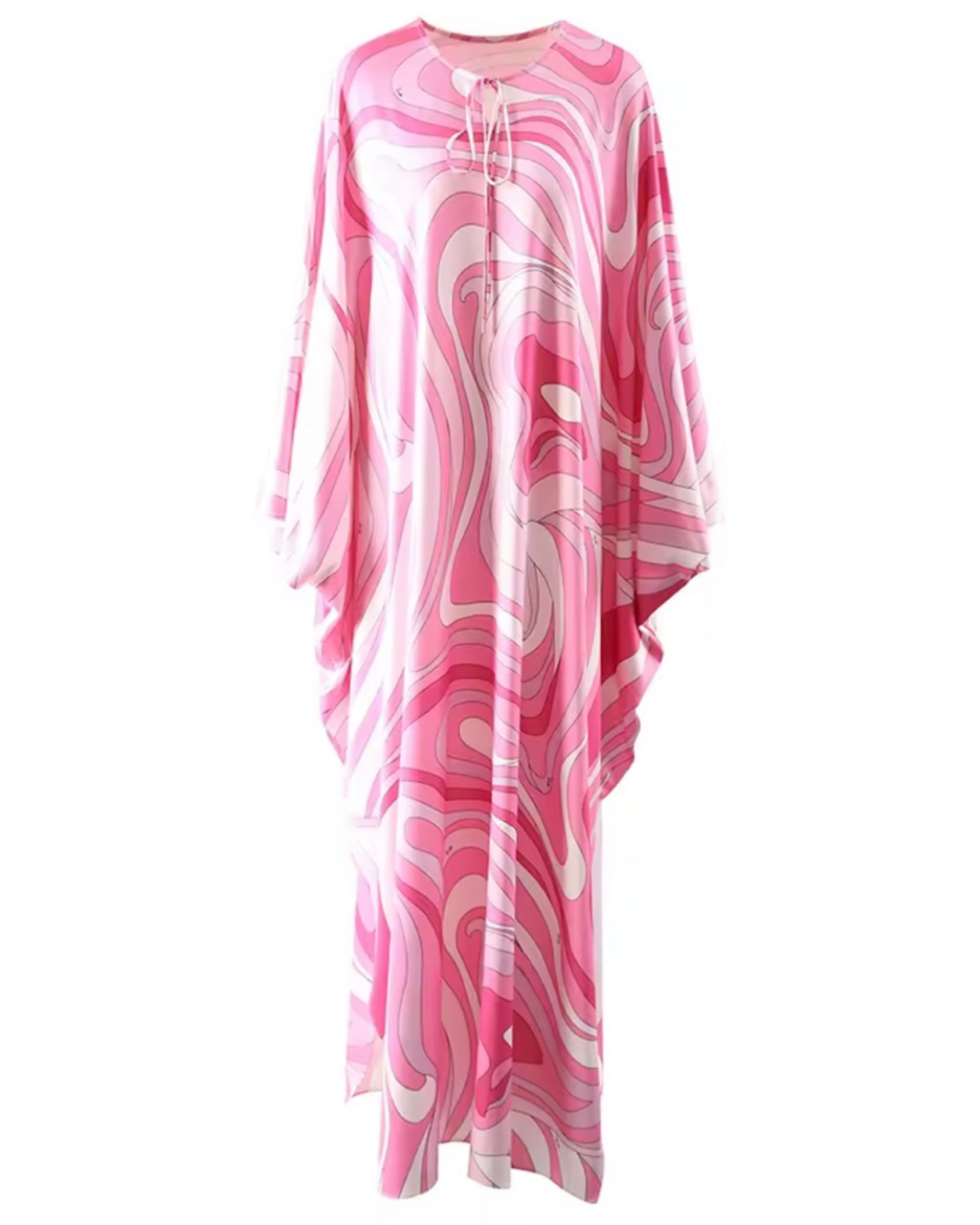 Pink Abstract Print Loose Kaftan Maxi Dress – Batwing Sleeve Resort Dress