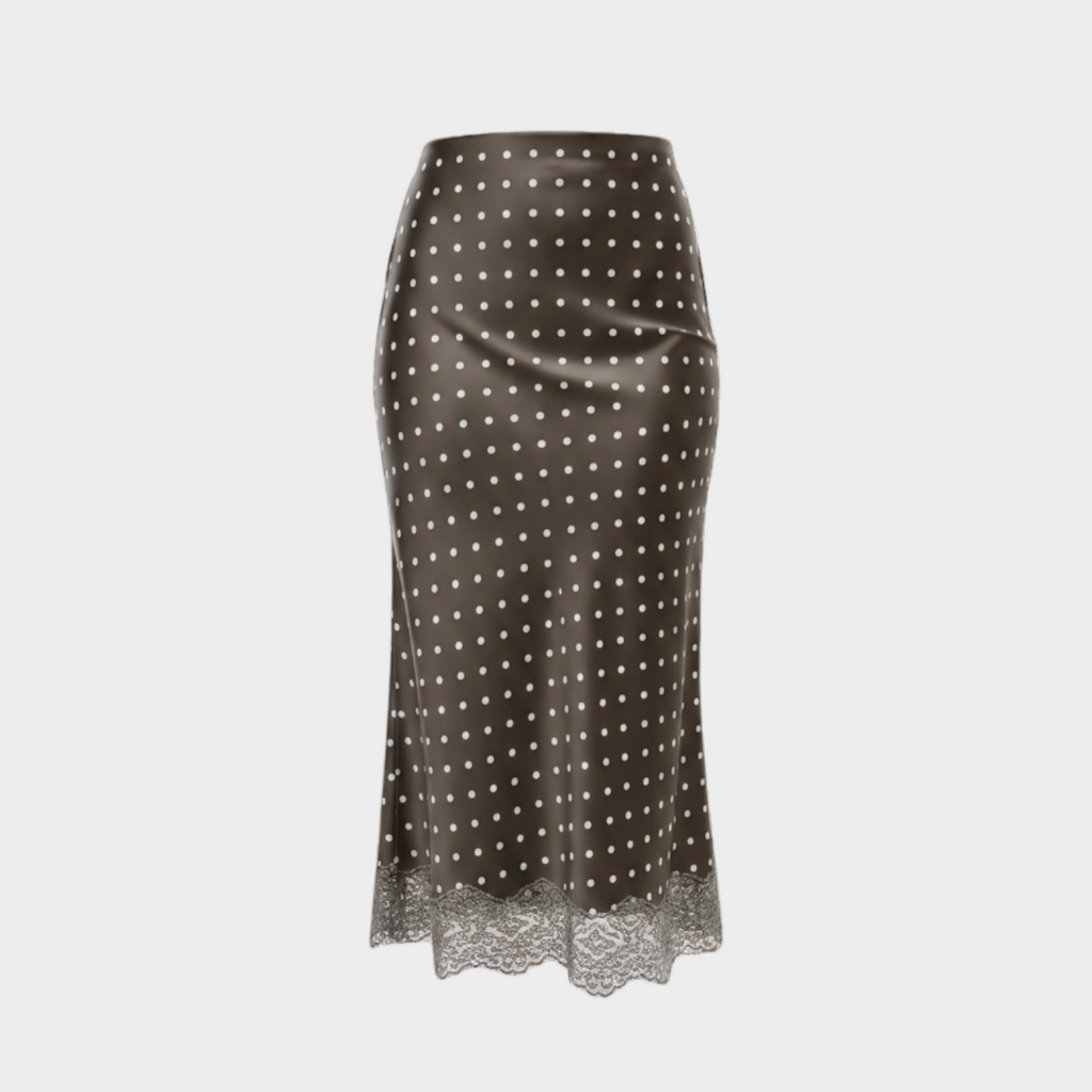 Mocha Brown Polka Dot Lace-Hem Midi Skirt – High Waist A-Line Fit