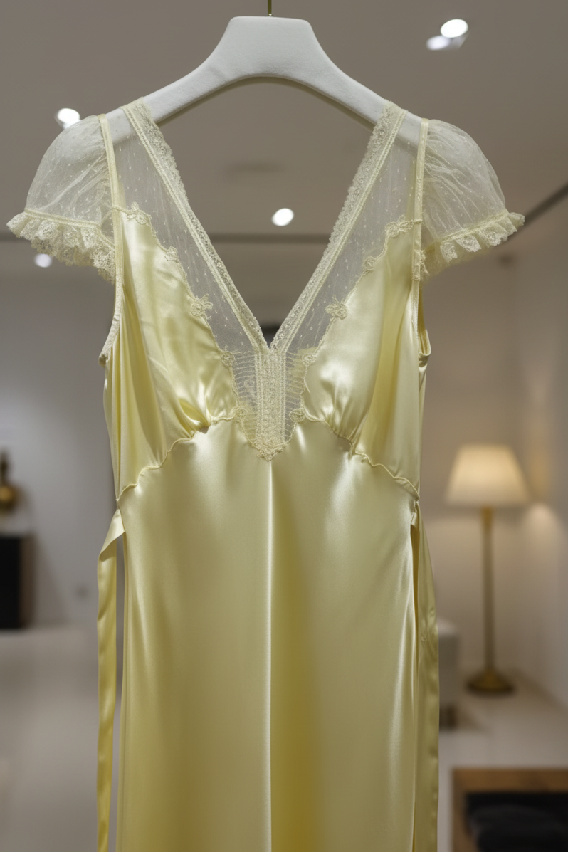 Yellow Lace Trim V-Neck Maxi Dress – Silk Fabric