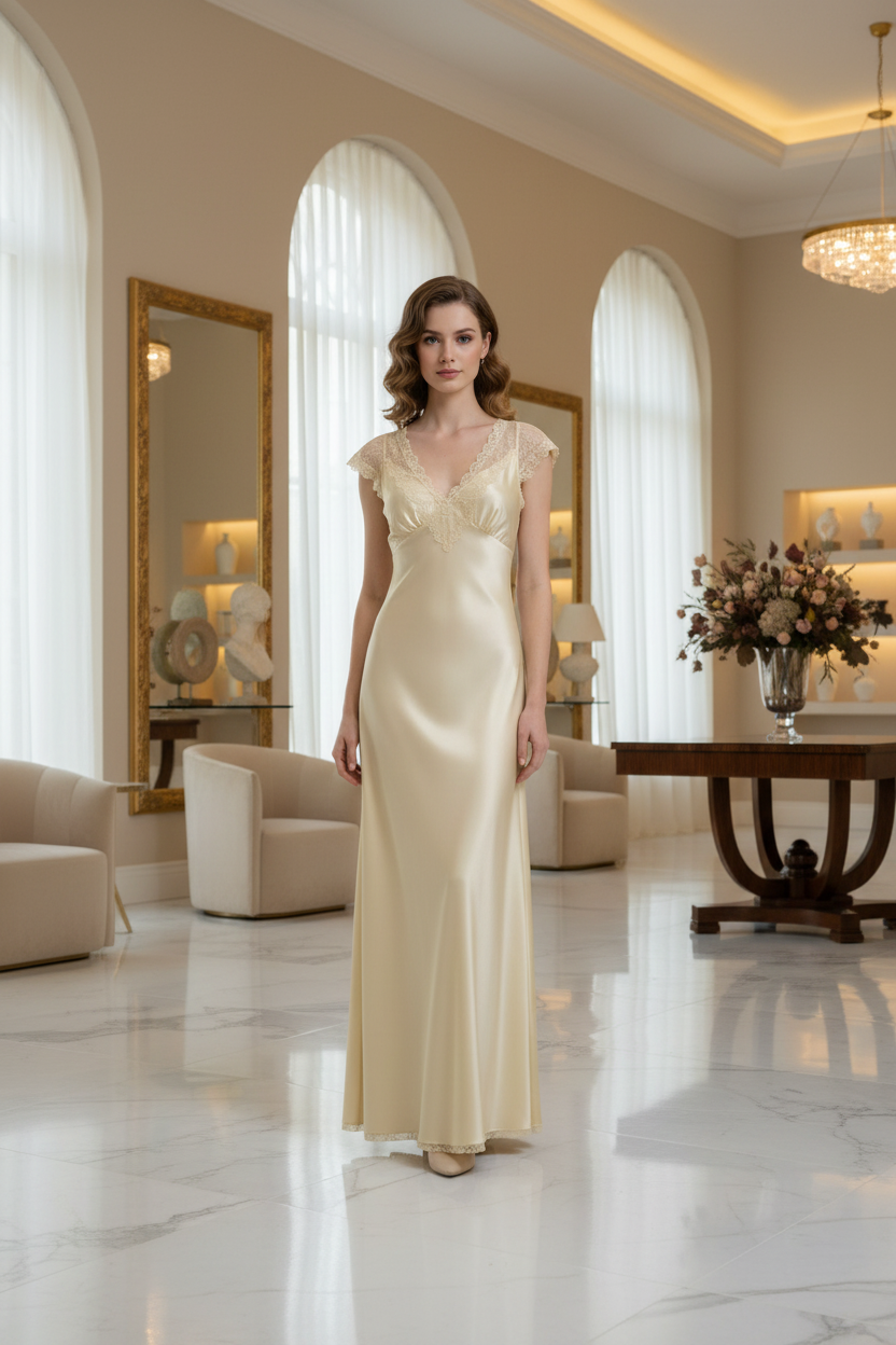Yellow Lace Trim V-Neck Maxi Dress – Silk Fabric