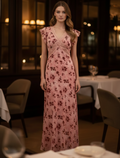 Pink Floral Lace Trim Midi Dress V-Neck Ruffle Sleeve Fit & Flare – Romantic m Chic – Regular Fit