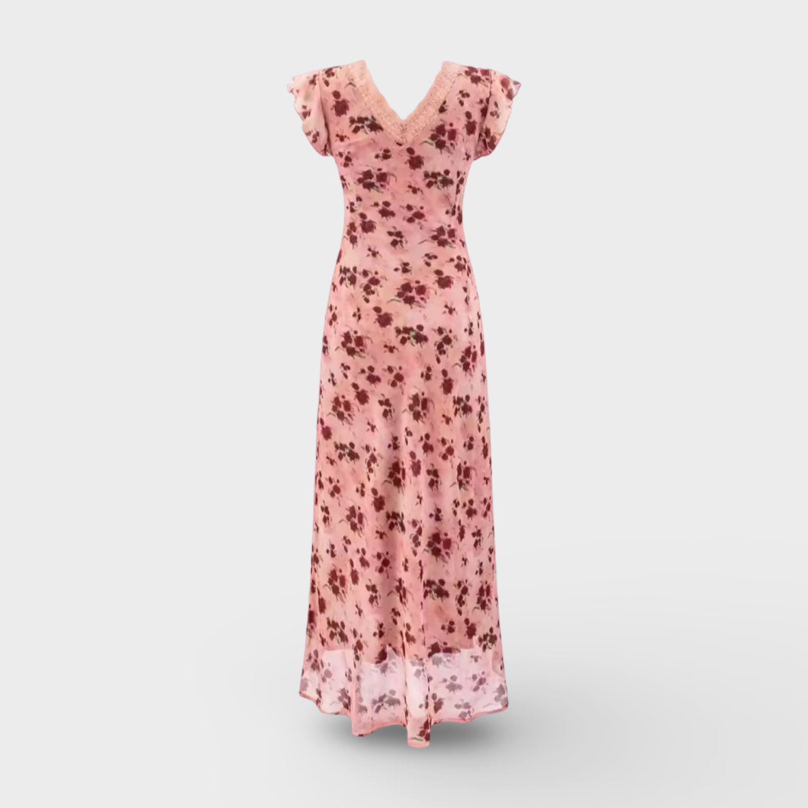 Pink Floral Lace Trim Midi Dress V-Neck Ruffle Sleeve Fit & Flare – Romantic m Chic – Regular Fit