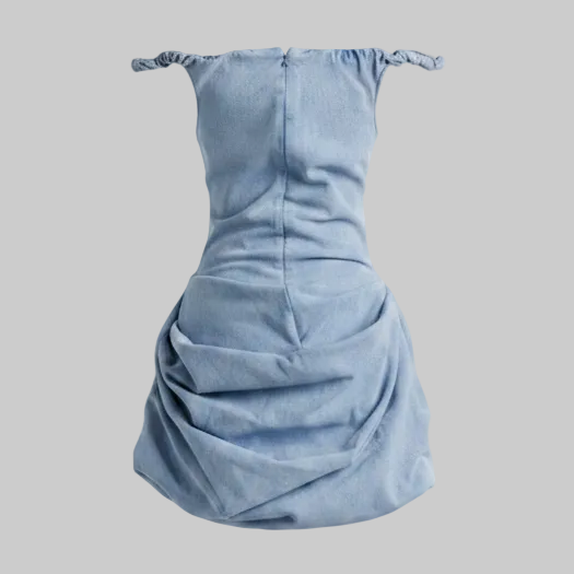 Denim Corset Bubble Hem Mini Dress – Off-Shoulder
