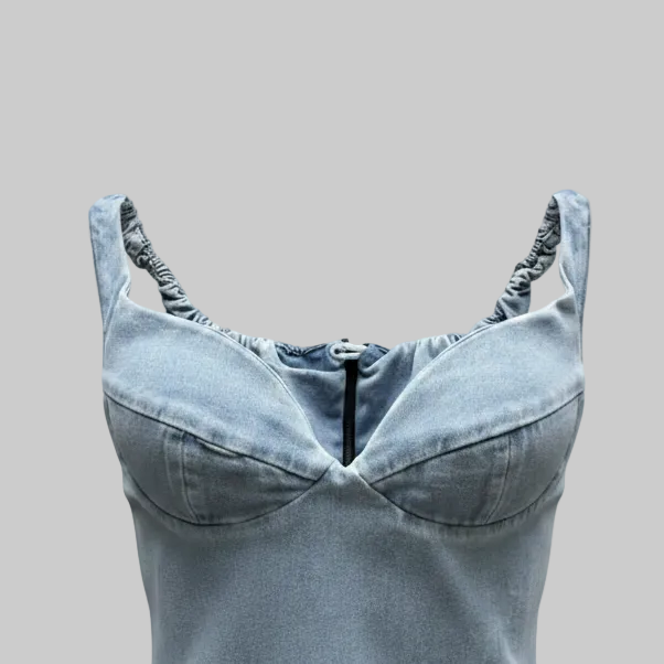Denim Corset Bubble Hem Mini Dress – Off-Shoulder