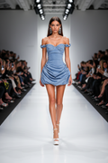 Denim Corset Bubble Hem Mini Dress – Off-Shoulder