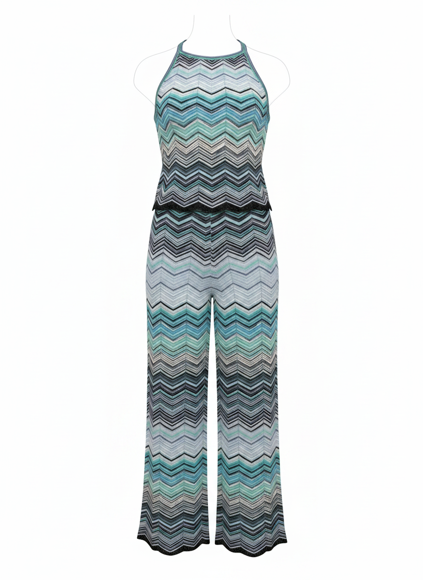 Blue Chevron Knit Sleeveless Top & Wide Leg Pants  Matching Set
