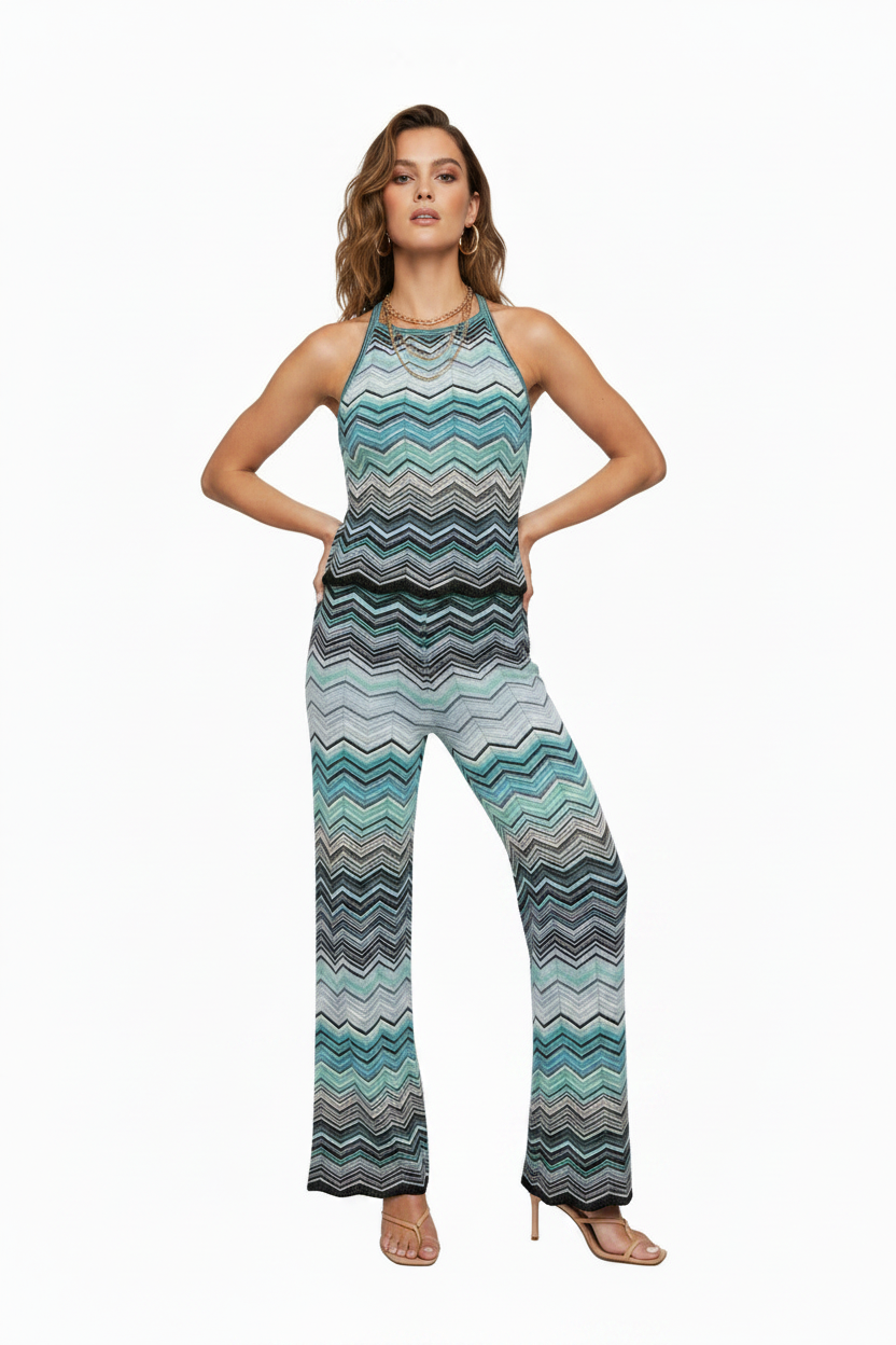 Blue Chevron Knit Sleeveless Top & Wide Leg Pants  Matching Set