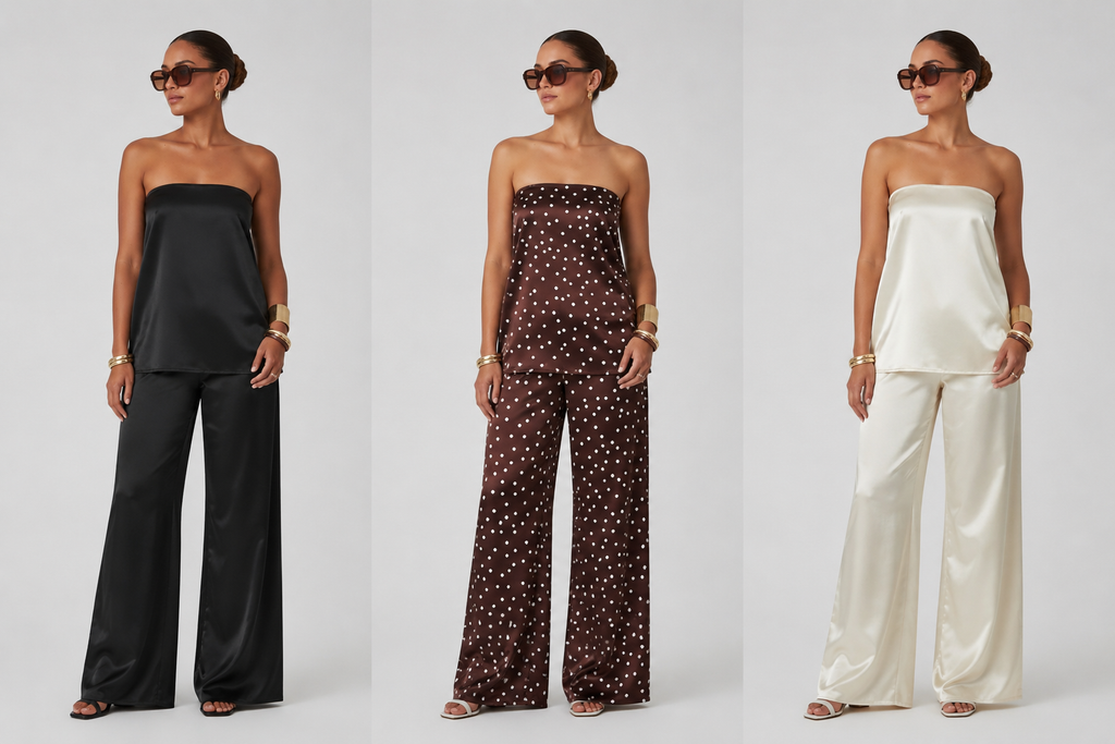Satin Strapless Two-Piece Pant Set – Off-White , Black, Brown with White Polka Dot