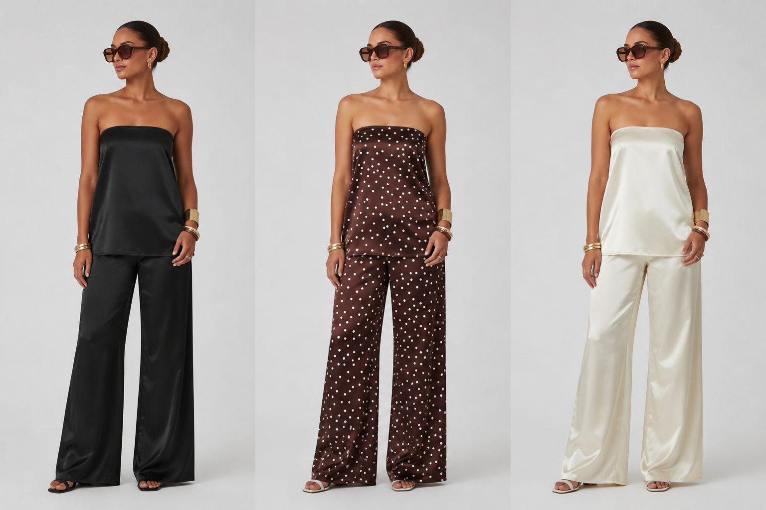 Satin Strapless Two-Piece Pant Set – Off-White , Black, Brown with White Polka Dot