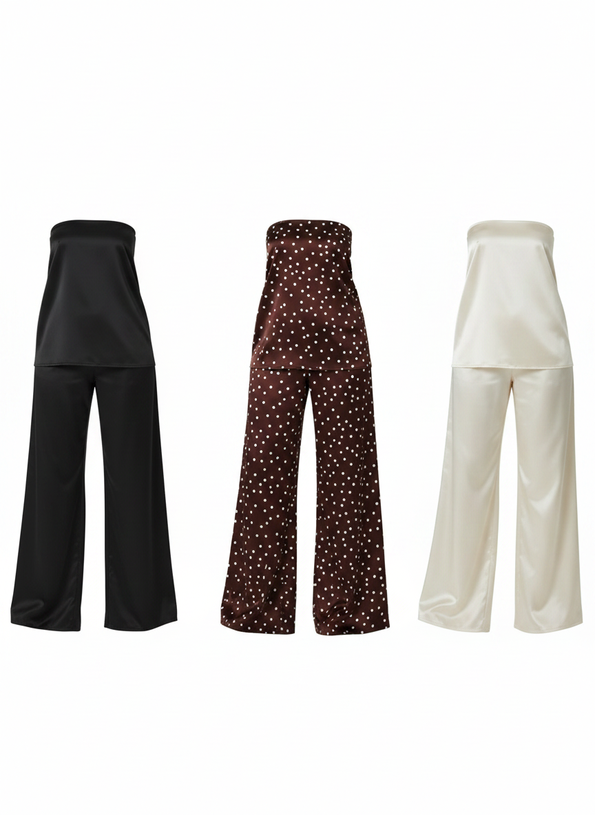 Satin Strapless Two-Piece Pant Set – Off-White , Black, Brown with White Polka Dot