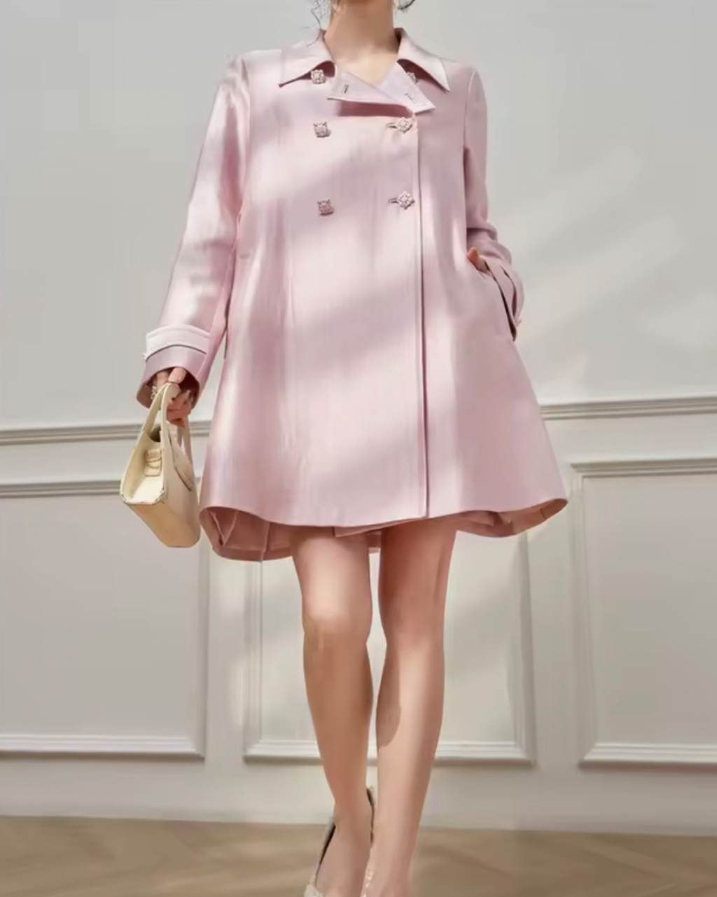 Pink Double-Breasted Hooded Trench Coat