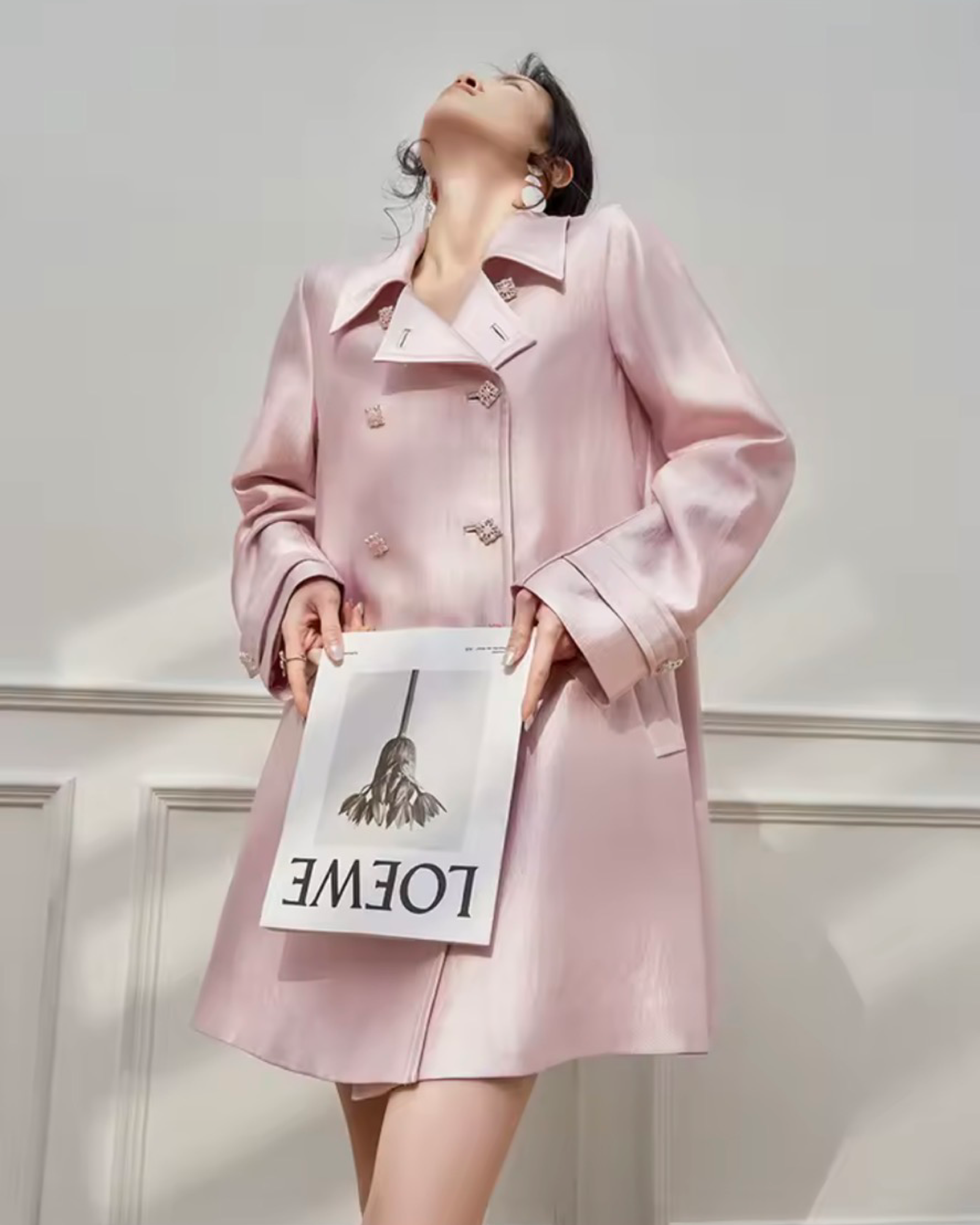 Pink Double-Breasted Hooded Trench Coat