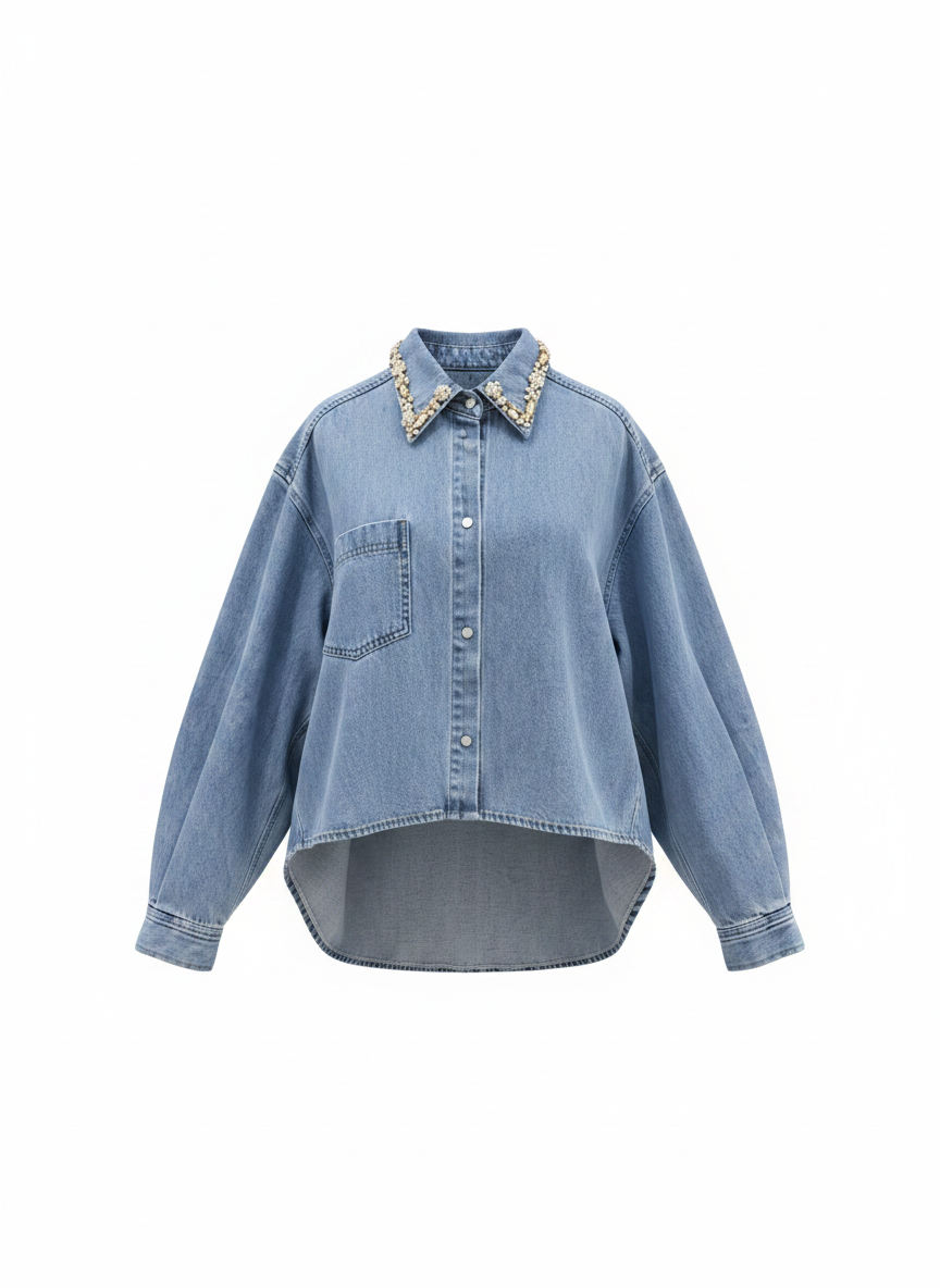 Rhinestone Collar Denim Shirt & High-Waist Wide-Leg Jeans Set