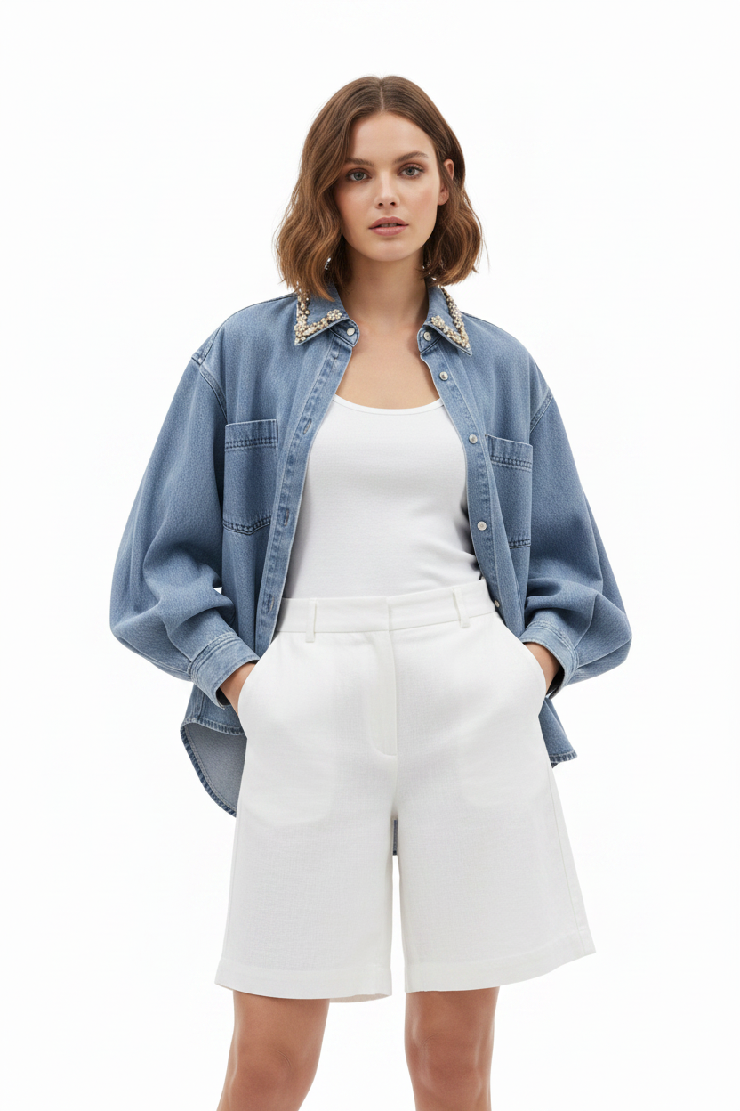 Rhinestone Collar Denim Shirt & High-Waist Wide-Leg Jeans Set