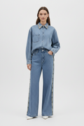 Rhinestone Collar Denim Shirt & High-Waist Wide-Leg Jeans Set