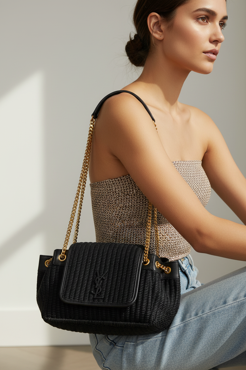 Saint Laurent Nolita Raffia Chain Shoulder Bag Authentic Previously Owned