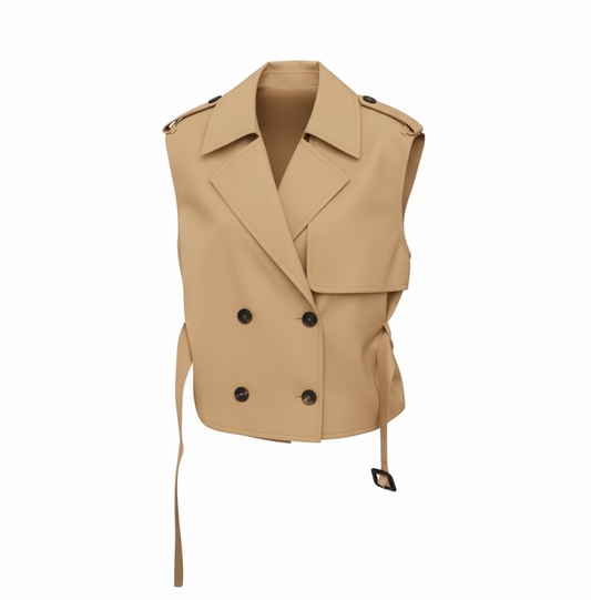 Belted Double-Breasted Khaki Structured Trench Vest | L’LUXE Coats & Jackets