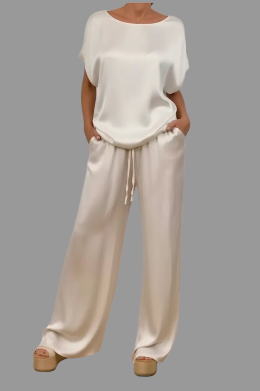 Women’s Satin Two Piece Set – Relaxed Top & Wide Leg Pants | Elegant Outfit