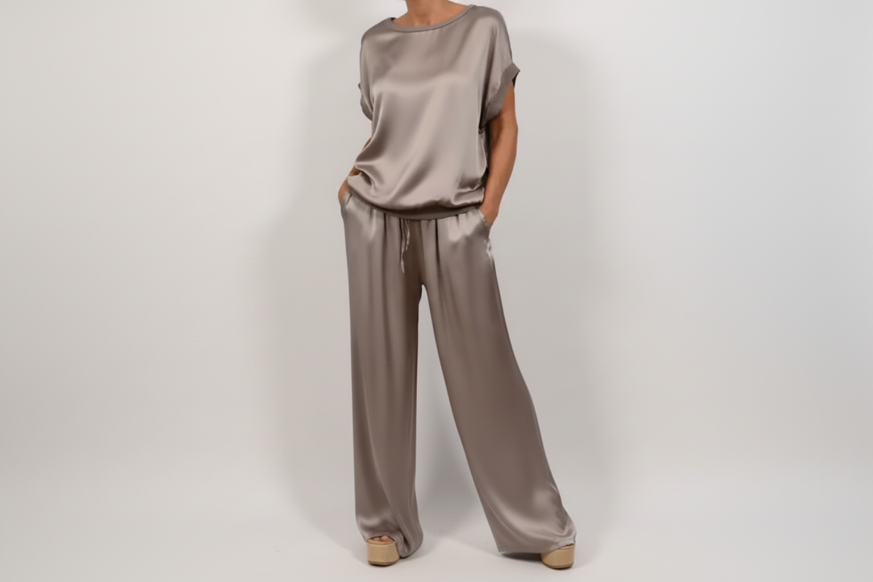 Women’s Satin Two Piece Set – Relaxed Top & Wide Leg Pants | Elegant Outfit