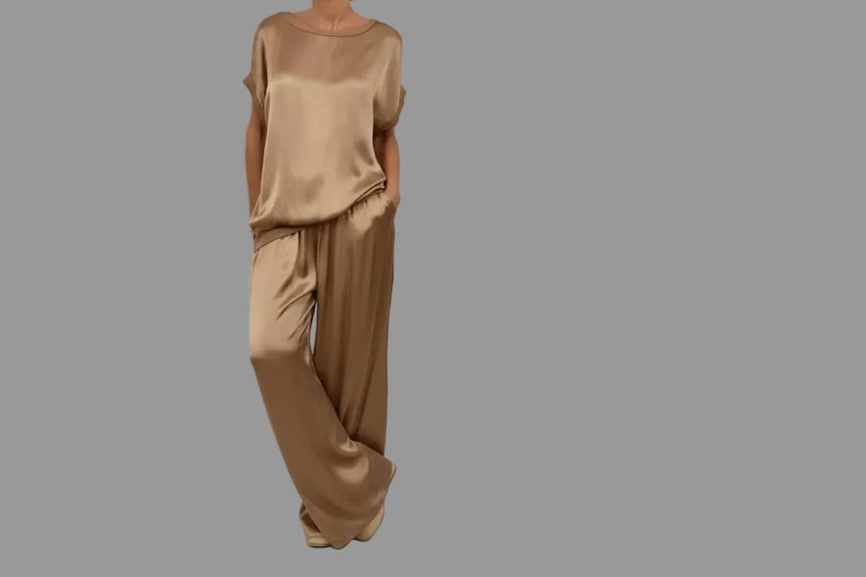 Women’s Satin Two Piece Set – Relaxed Top & Wide Leg Pants | Elegant Outfit