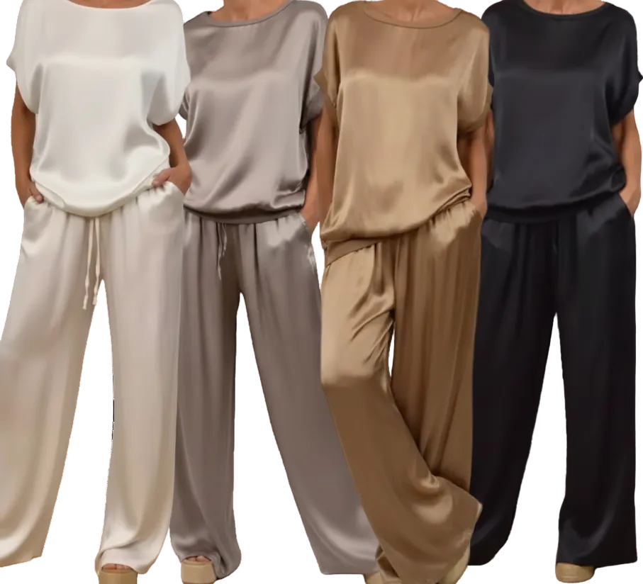 Women’s Satin Two Piece Set – Relaxed Top & Wide Leg Pants | Elegant Outfit