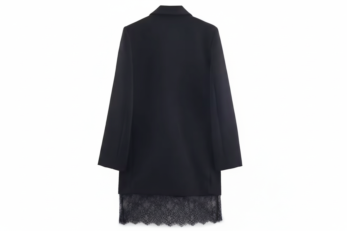 Women’s Black Lace-Trim Blazer Dress – Notched Collar, Long Sleeve Elegant Office & Evening Dress