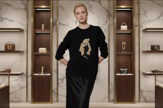 Luxury Bear Motif Knit
Sweater for Women - Black
Long-Sleeve Pullover, Winter Statement Knitwear