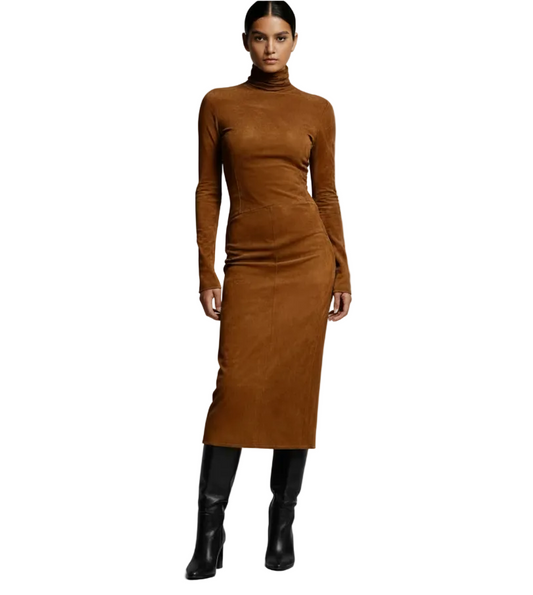 High Neck Suede-Effect Bodycon Midi Dress – Long Sleeve Slim Fit Winter