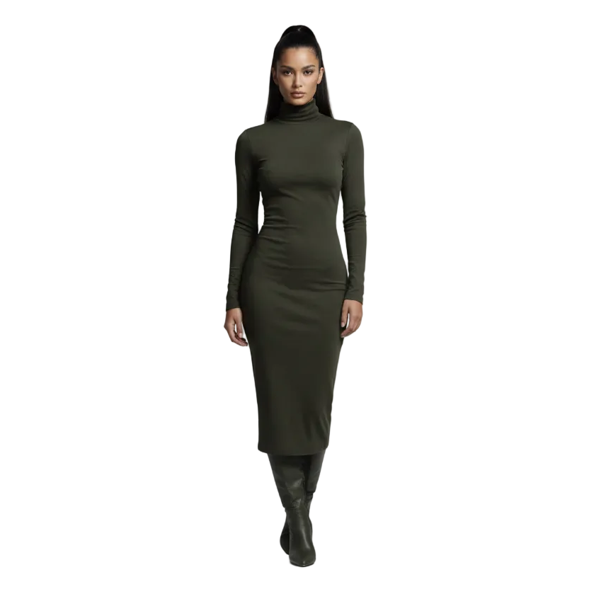 High Neck Suede-Effect Bodycon Midi Dress – Long Sleeve Slim Fit Winter