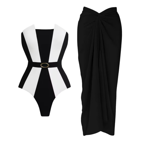 Black & White Belted One-Piece Swimsuit + Optional Sarong Set | Sculpting Patchwork Swimwear