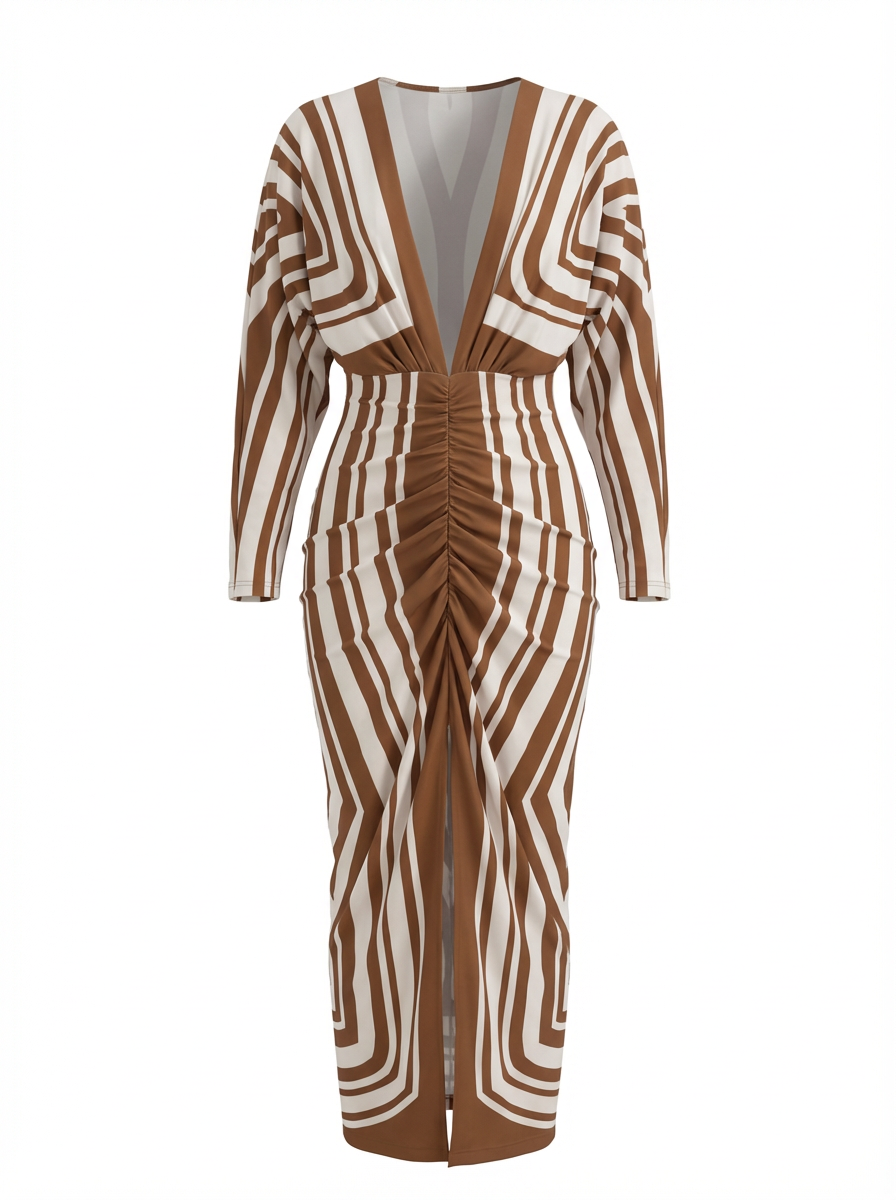 Women’s Brown Stripe Ruched Maxi Dress – Deep V Neck Long Sleeve Bodycon