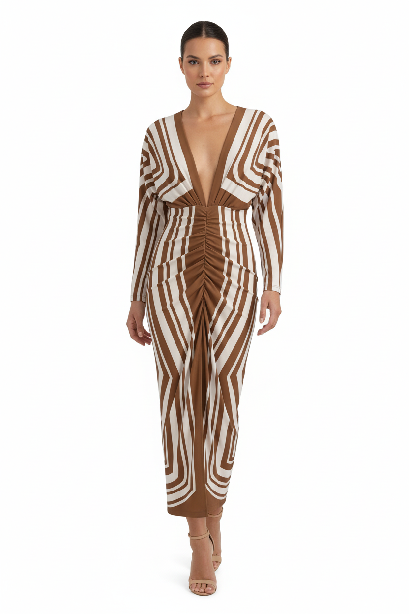 Women’s Brown Stripe Ruched Maxi Dress – Deep V Neck Long Sleeve Bodycon