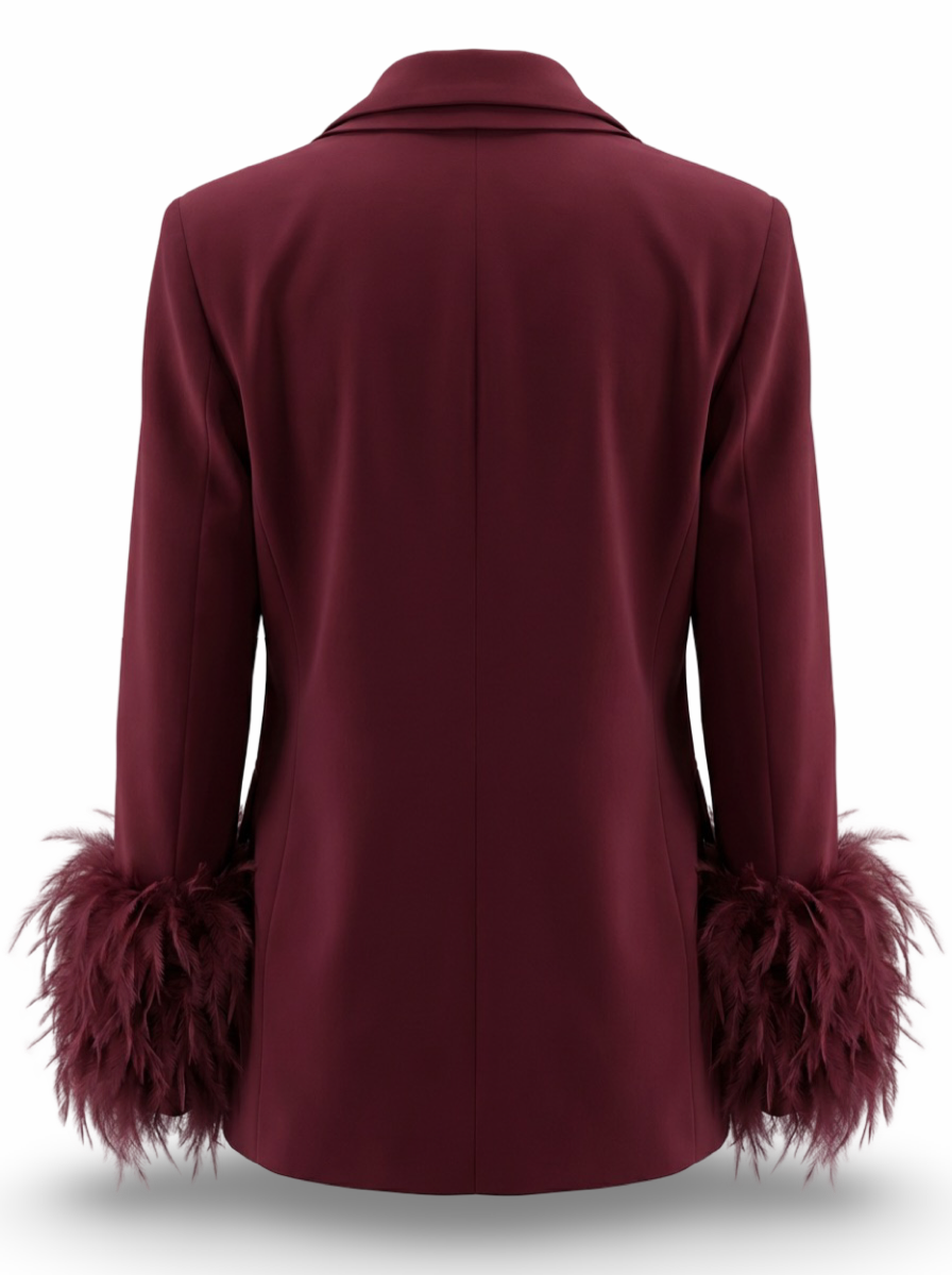 Feather Trim Tailored Two-Piece Suit Set for Women | Elegant Blazer & Straight-Leg Pants