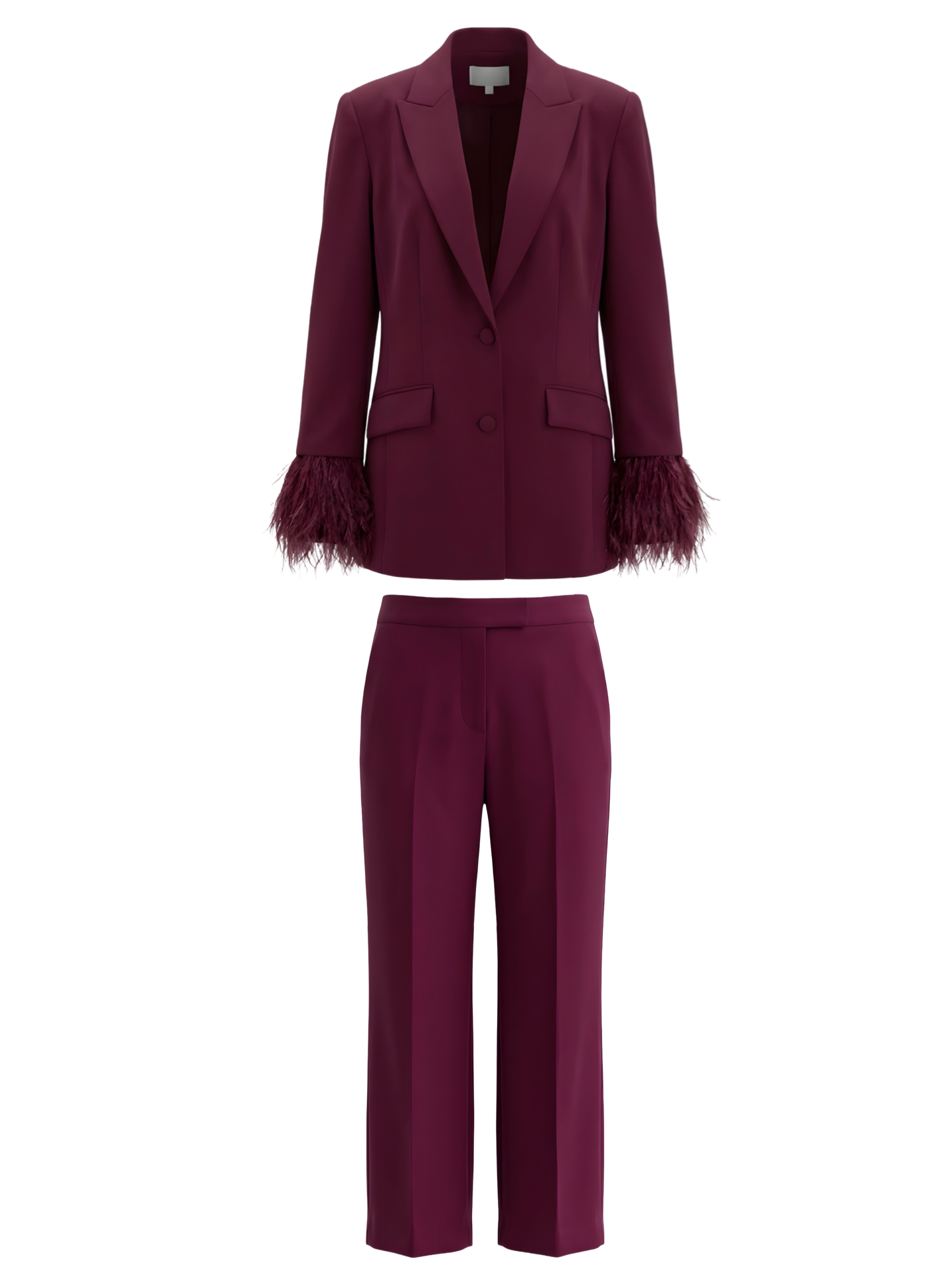 Feather Trim Tailored Two-Piece Suit Set for Women | Elegant Blazer & Straight-Leg Pants
