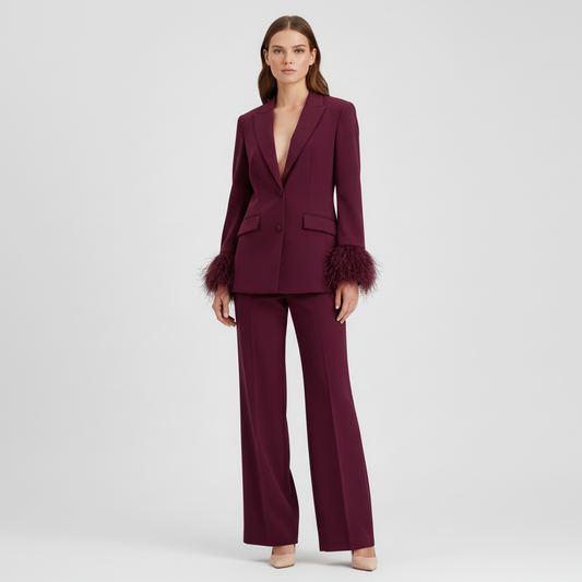 Feather Trim Tailored Two-Piece Suit Set for Women | Elegant Blazer & Straight-Leg Pants