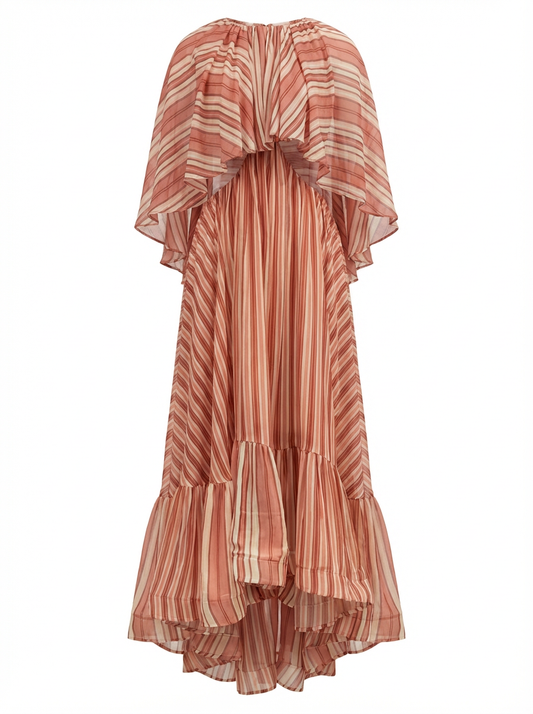 Elegant Red Stripe Cape-Overlay Maxi Dress with Lace-Up Back & Side Cut-Outs | Viscose-Lined | Spring/Summer