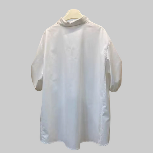 White Oversized Irregular Poplin Collared Short Sleeve Shirt| L’LUXE Tops