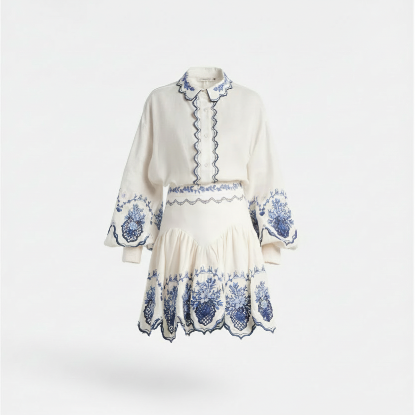 Floral Embroidered Two-Piece Shirt and Skirt Set Sold Separately