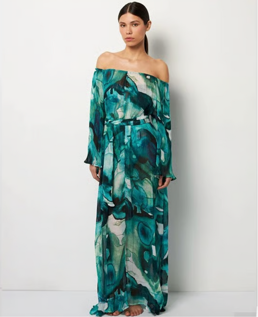 Off-Shoulder Pleated Maxi Dress| L’LUXE Resort • Wear