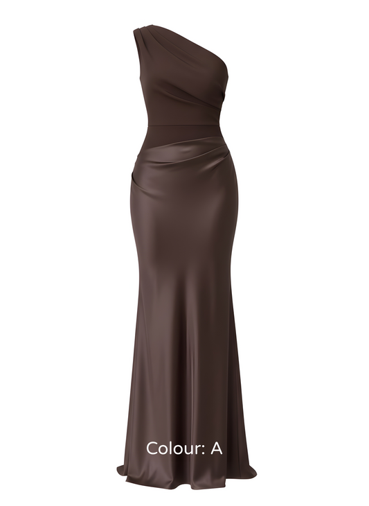 One-Shoulder Ruched Satin-Effect Maxi Gowns | Curve | L’LUXE Dresses