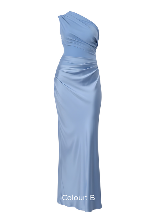 One-Shoulder Ruched Satin-Effect Maxi Gowns | Curve | L’LUXE Dresses