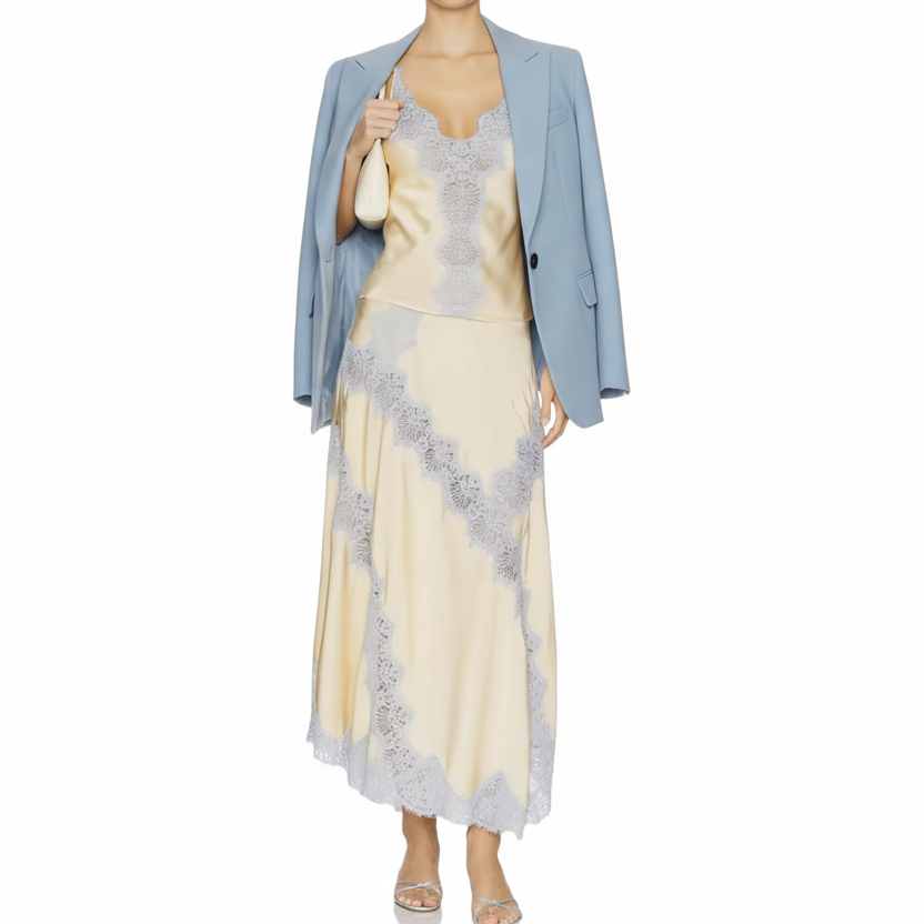 Satin Lace Two-Piece Set - Blue Embroidered Camisole & Maxi Skirt - Elegant Summer
Matching Outfit