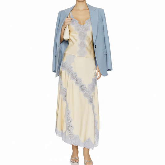 Satin Lace Two-Piece Set - Blue Embroidered Camisole & Maxi Skirt - Elegant Summer
Matching Outfit