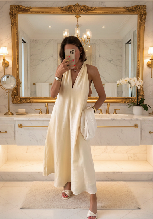 Women’s Sleeveless V-Neck Summer Midi Dress – Lightweight Loose Fit – Pockets – Yellow