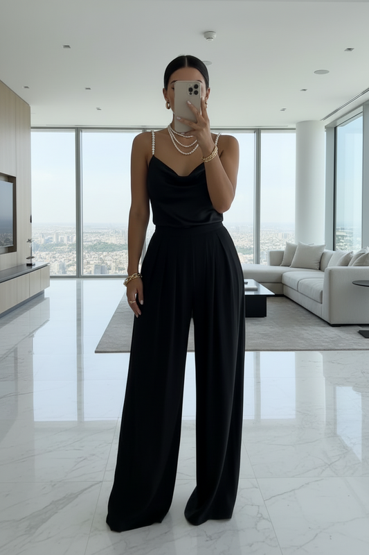 Pearl Strap Cowl Neck Wide-Leg Jumpsuit for Women – Sleeveless Backless One-Piece Elegant Evening Outfit