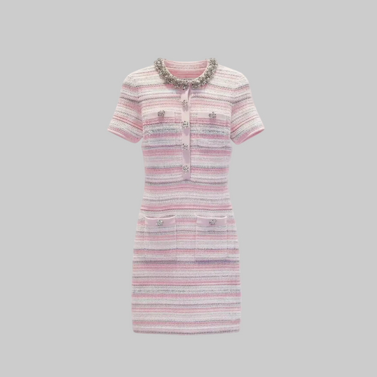 Pink Textured Striped Knit Mini Dress with Embellished Collar | L’LUXE Best Dressed Edit