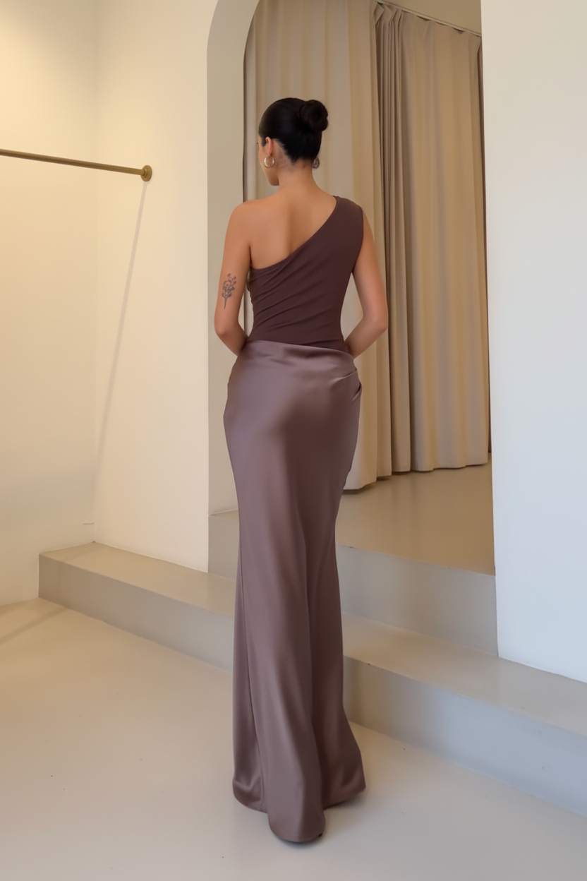 One-Shoulder Satin Evening Dress – Slant Neck Ruched Maxi Gown