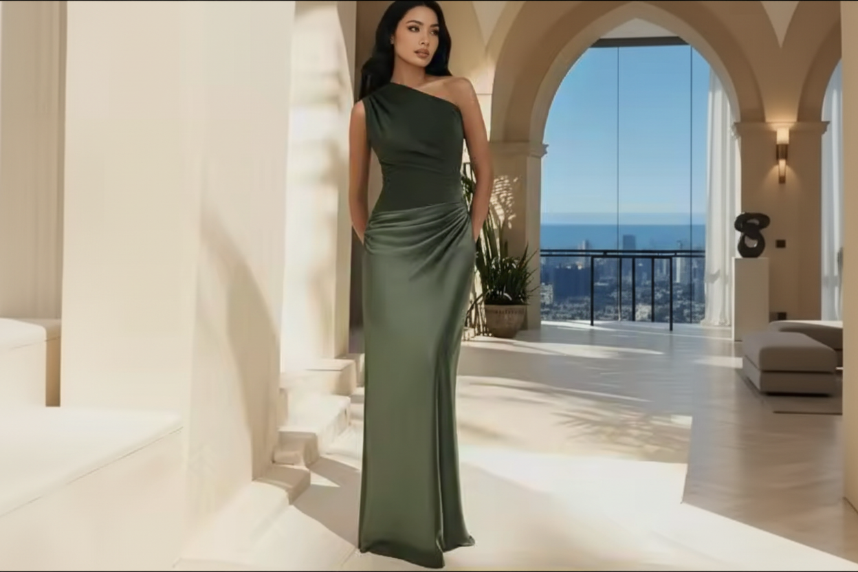 One-Shoulder Satin Evening Dress – Slant Neck Ruched Maxi Gown