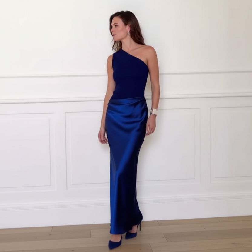 One-Shoulder Satin Evening Dress – Slant Neck Ruched Maxi Gown